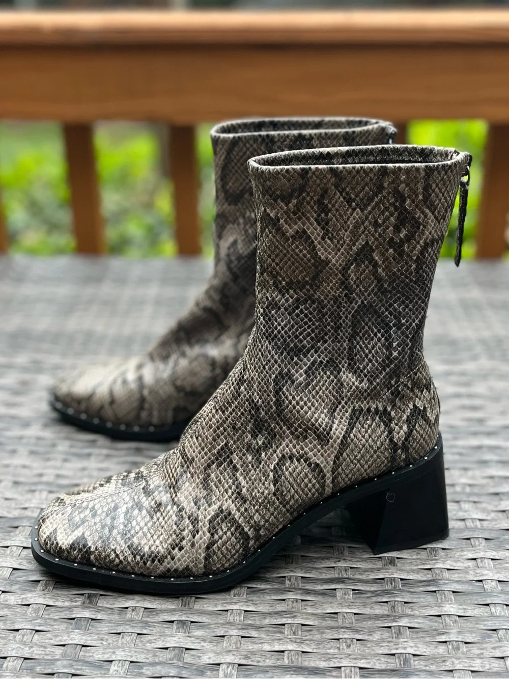 NWOT Snake Print Short Boots - Back Zipper, Block Heel, Neutral Tones - Picture 2 of 10